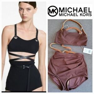 Michael Kors Women Brown Collection Swimsuit Crepe Belted Bikini Set Siz…